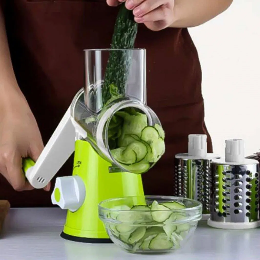 Venta al por mayor 3 en 1 Rallador de queso rotativo redondo con caja de tumbling, triturador de tambor multifuncional para frutas y verduras con mango