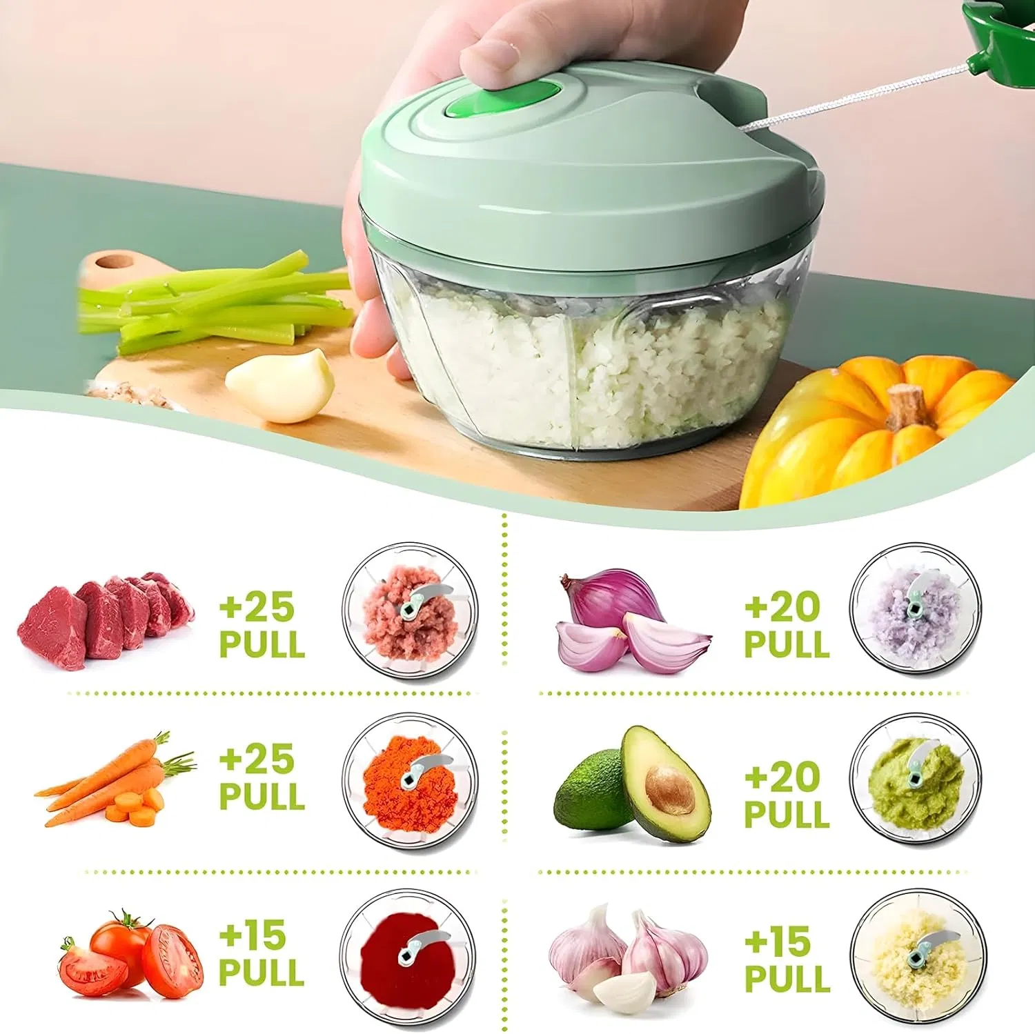 Picador de Verduras Manual con Contenedor, Cortador de Verduras de Tirar a Mano para Ensalada, Ajo, Nueces, Cebolla, Accesorio de Cocina
