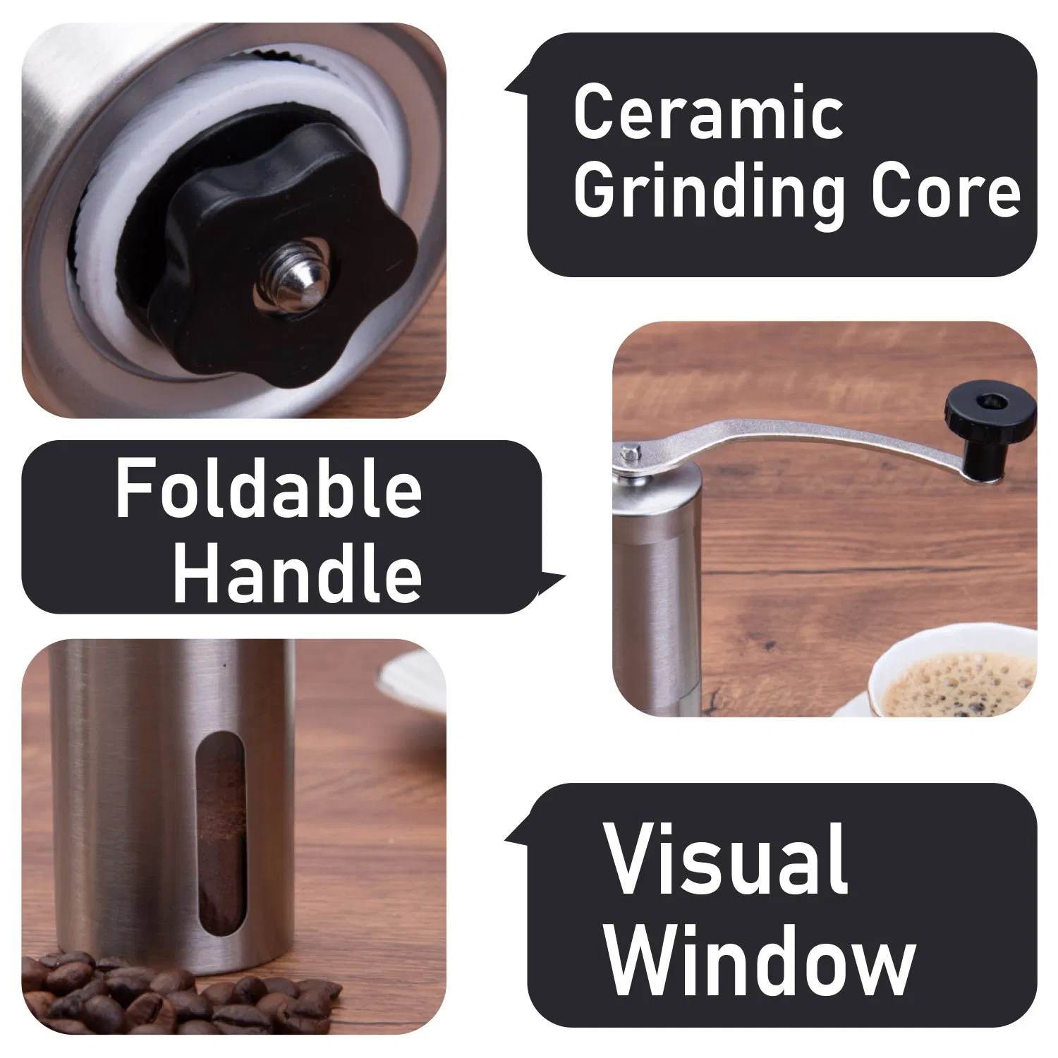 304 Molinillo de café manual de acero inoxidable con muela de cerámica y caja de polvo con ajuste ajustable para cocina en casa