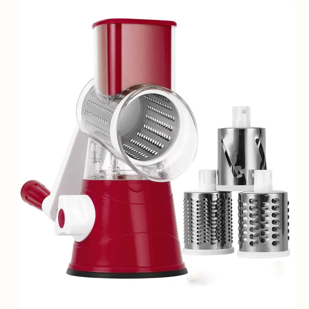 Rallador de Queso Rotatorio, Desmenuzador de Queso Manual con 3 Cuchillas Intercambiables, Cortador de Verduras y Cítricos Mandolina para Cocina