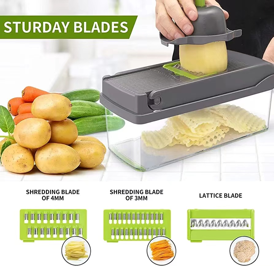 Cortador de cebolla multifuncional 16 en 1 picador de verduras de cocina, rebanador, cortador, rallador de queso, picador de zanahorias y ajo con contenedor
