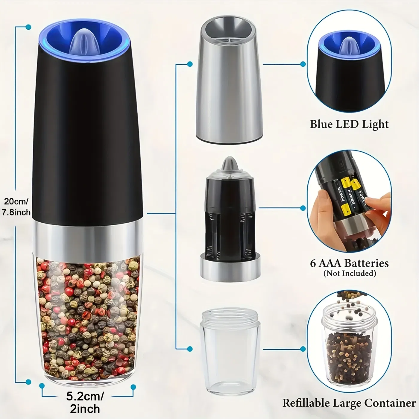 Molinos de pimienta automáticos de acero inoxidable con gravedad, molinillo de sal y pimienta ajustable con una mano, molinillo eléctrico de sal y pimienta con LED