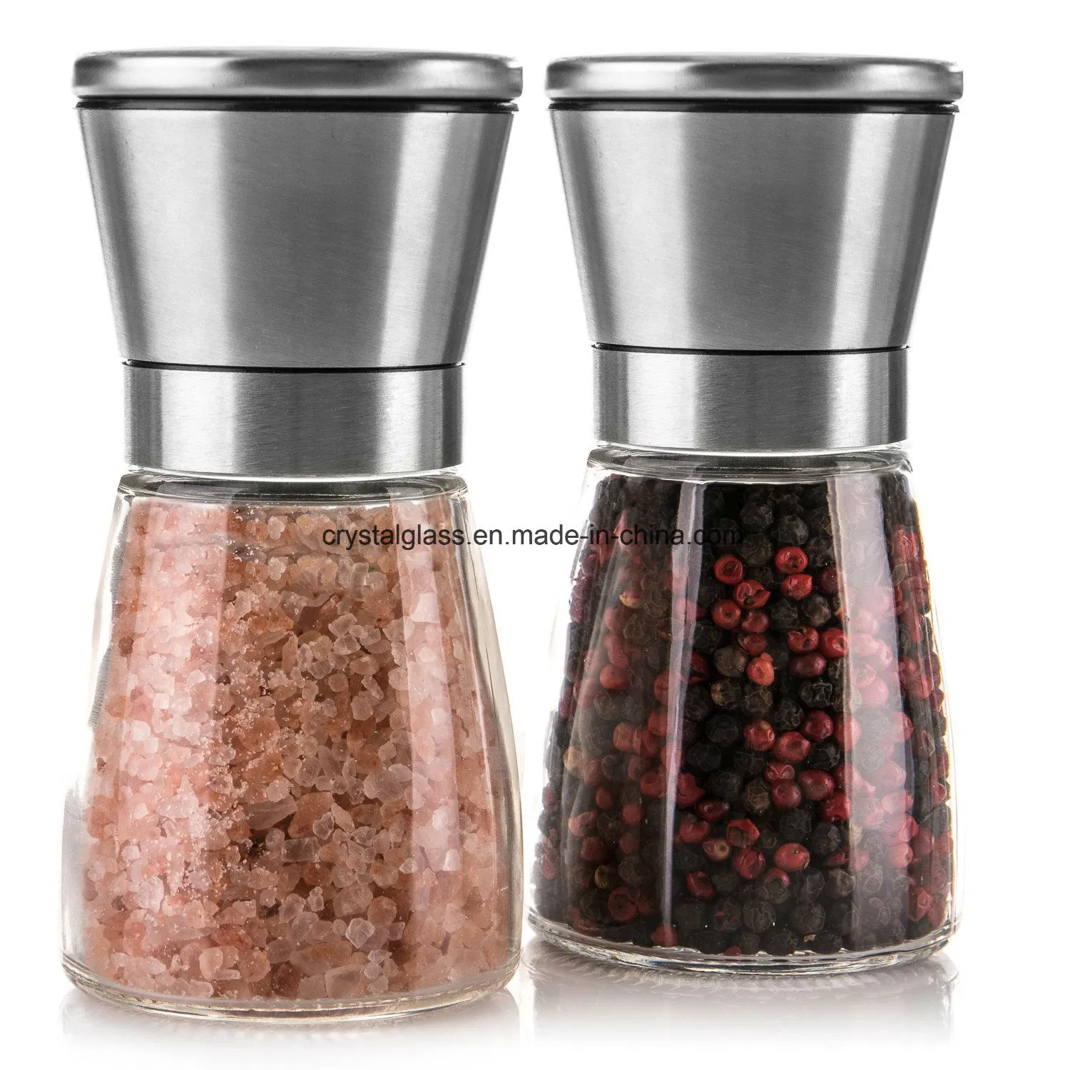 Molinillos de sal y pimienta de vidrio con cepillo de acero inoxidable, molinillo de sal rosa del Himalaya