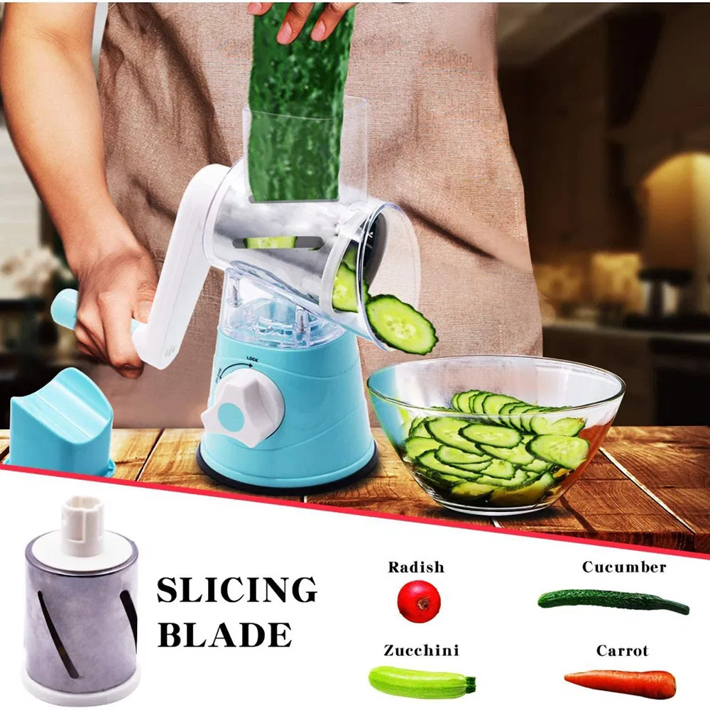 Rallador de Queso Rotatorio, Desmenuzador de Queso Manual con 3 Cuchillas Intercambiables, Cortador de Verduras y Cítricos Mandolina para Cocina