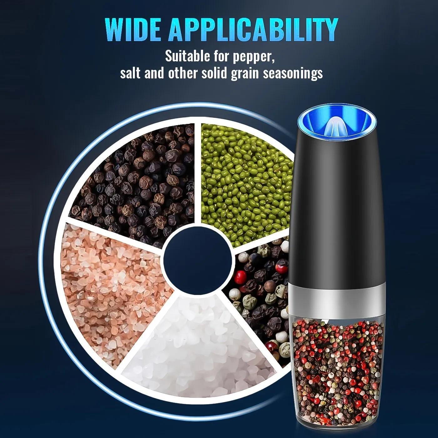 Molinos de pimienta automáticos de acero inoxidable con gravedad, molinillo de sal y pimienta ajustable con una mano, molinillo eléctrico de sal y pimienta con LED