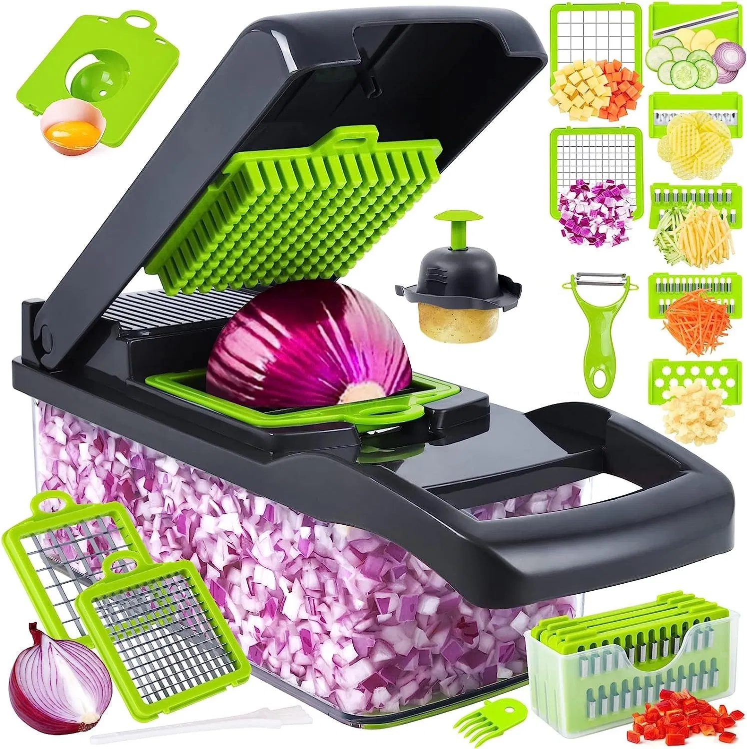 Cortador de cebolla multifuncional 16 en 1 picador de verduras de cocina, rebanador, cortador, rallador de queso, picador de zanahorias y ajo con contenedor