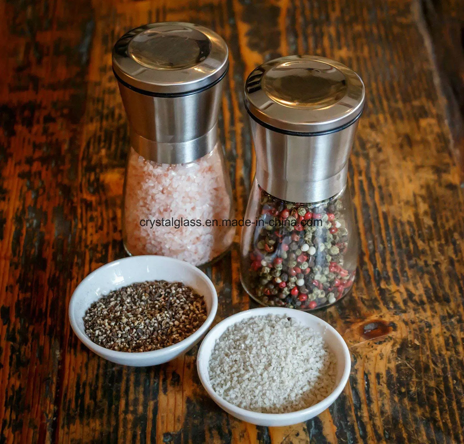 Molinillos de sal y pimienta de vidrio con cepillo de acero inoxidable, molinillo de sal rosa del Himalaya