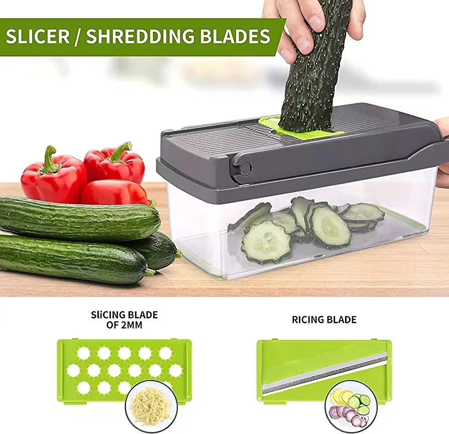Cortador de cebolla multifuncional 16 en 1 picador de verduras de cocina, rebanador, cortador, rallador de queso, picador de zanahorias y ajo con contenedor