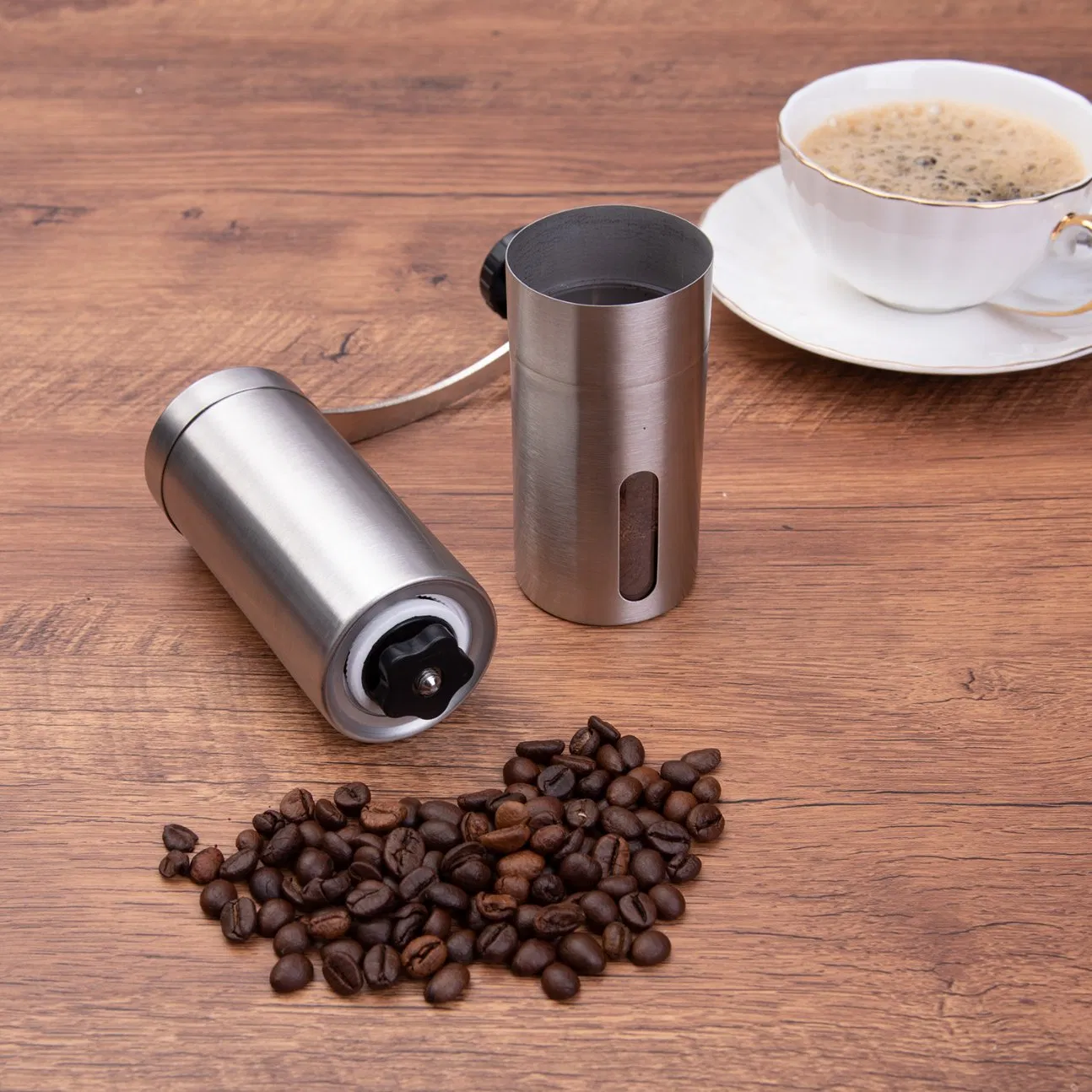 304 Molinillo de café manual de acero inoxidable con muela de cerámica y caja de polvo con ajuste ajustable para cocina en casa