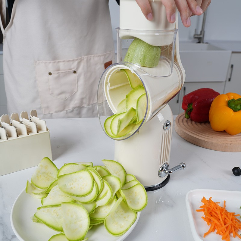 5 en 1 Picadora de Alimentos de Manivela con Rallador Rotatorio y Cuchillas Intercambiables