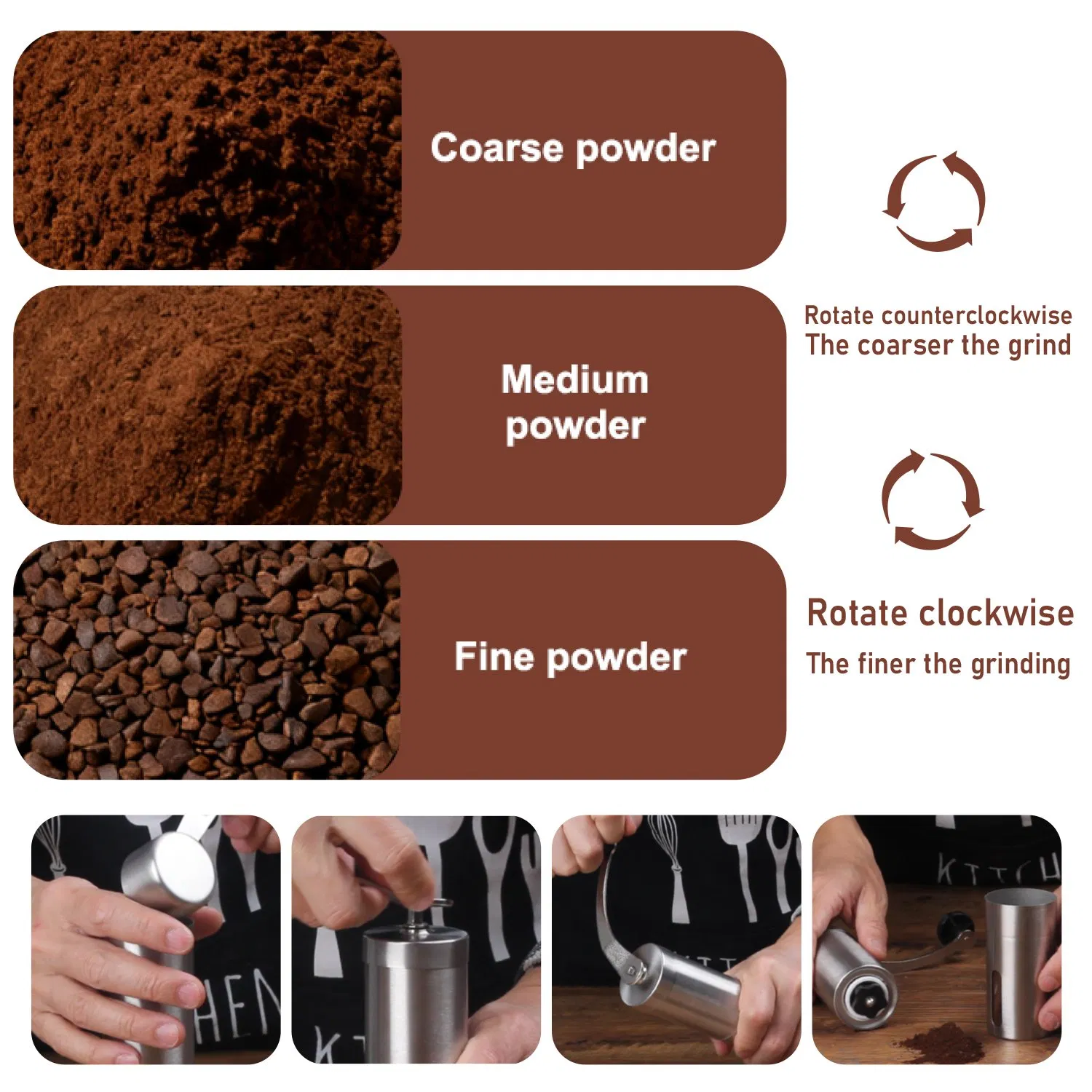304 Molinillo de café manual de acero inoxidable con muela de cerámica y caja de polvo con ajuste ajustable para cocina en casa