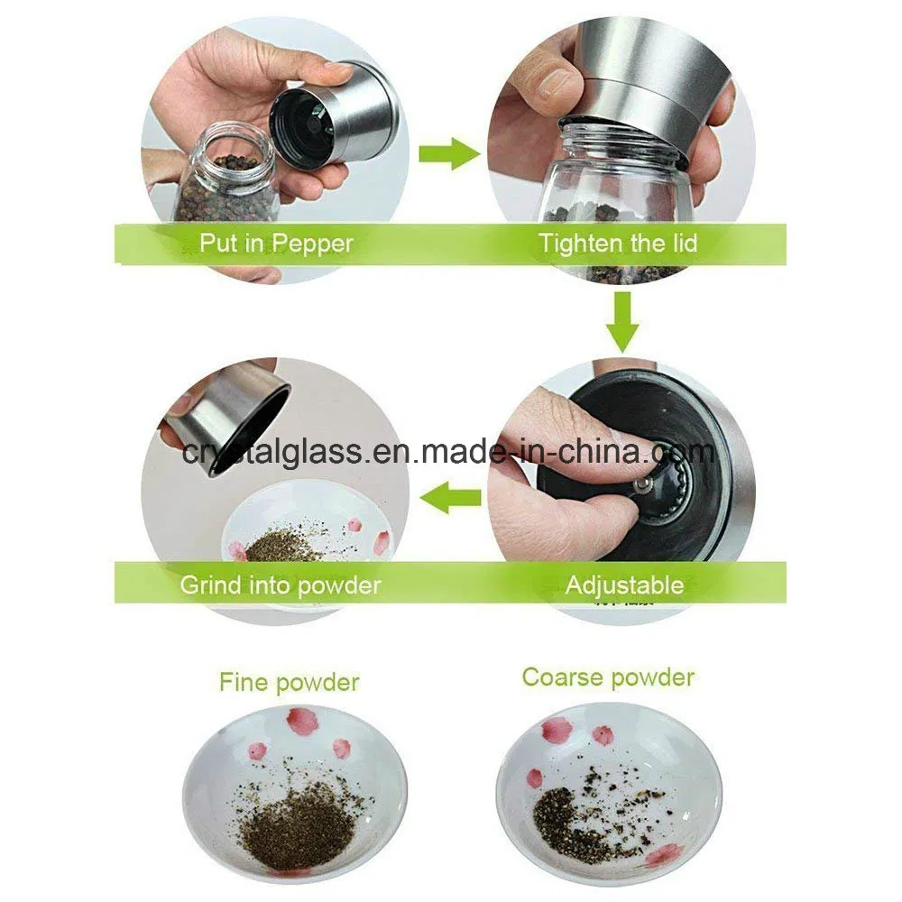Molinillos de sal y pimienta de vidrio con cepillo de acero inoxidable, molinillo de sal rosa del Himalaya
