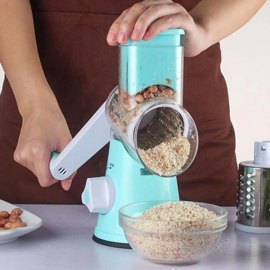 Venta al por mayor 3 en 1 Rallador de queso rotativo redondo con caja de tumbling, triturador de tambor multifuncional para frutas y verduras con mango