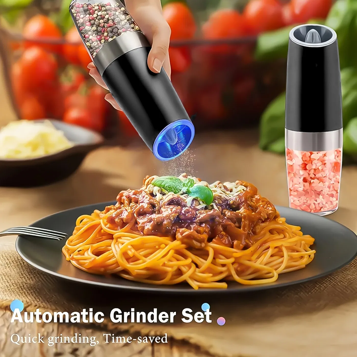Molinos de pimienta automáticos de acero inoxidable con gravedad, molinillo de sal y pimienta ajustable con una mano, molinillo eléctrico de sal y pimienta con LED