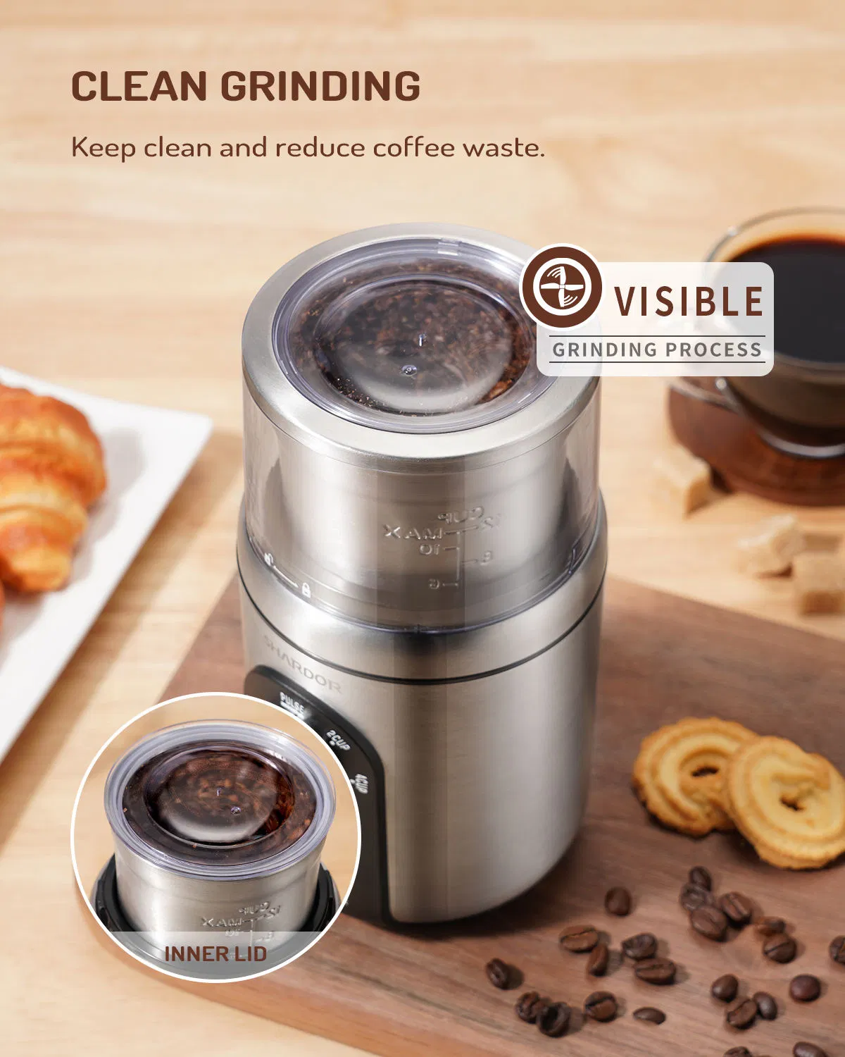 Molino de café eléctrico con tazón de acero inoxidable removible