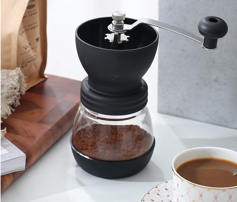 Molino de café manual portátil de vidrio, molinillo de café ajustable con muelas de cerámica, molinillo de granos de café de cono