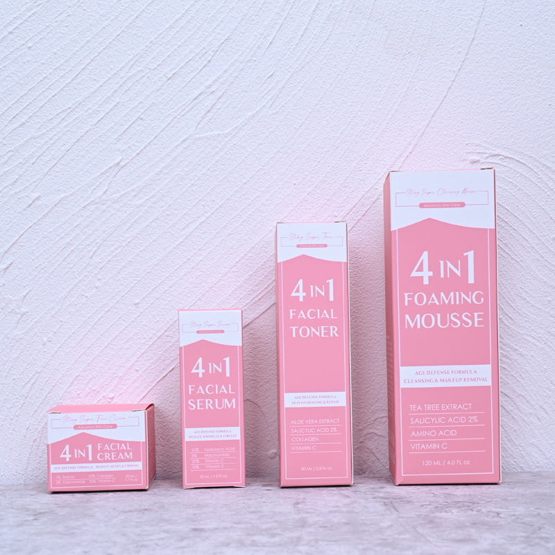 Natural Organic 4 in 1 Skin Care Set Vitamin C Serum Acne Cream Cleansing Face Mousse Skin Hydrating Toner Spray Facial Set