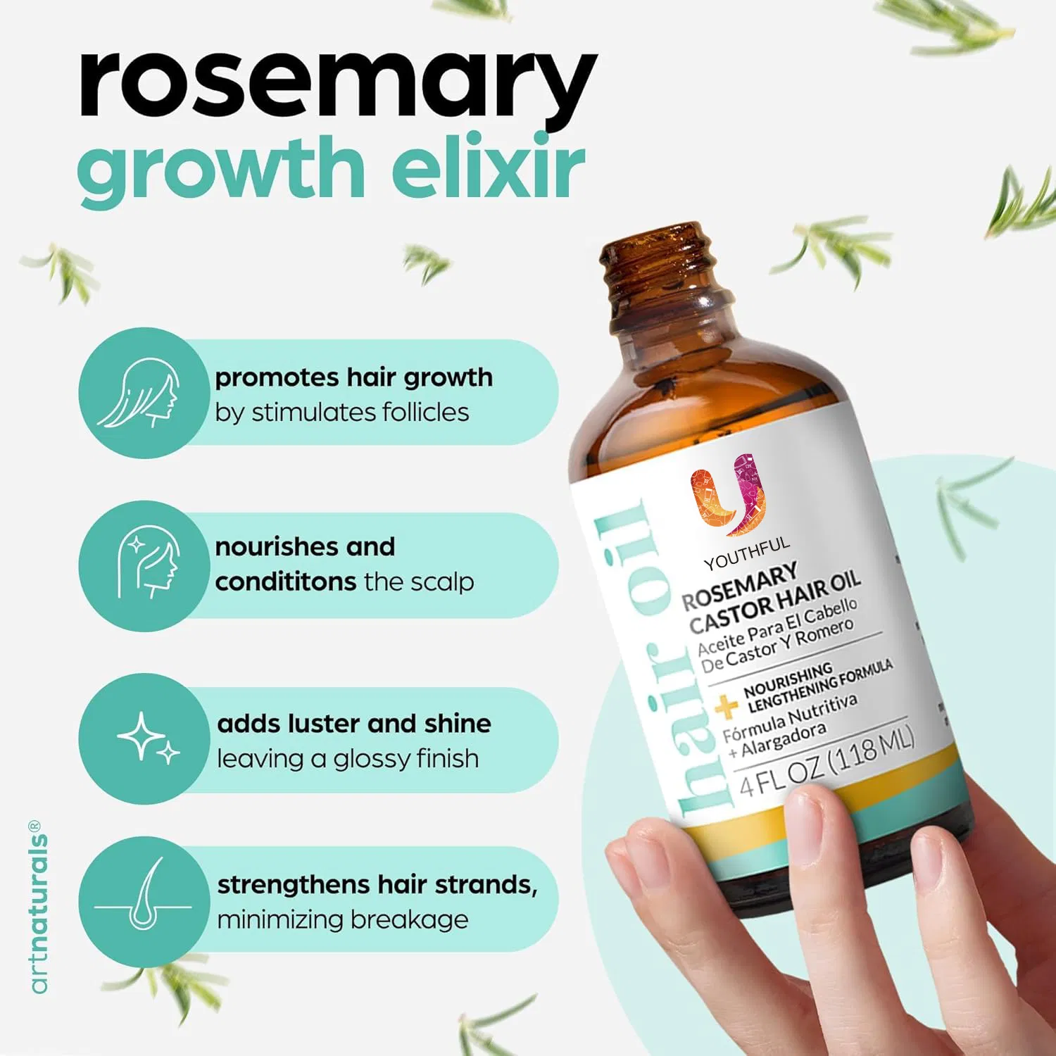 Organic Rosemary &amp; Castor Hair Growth Oil for Dry Itchy Scalp Thickening &amp; Hydration
