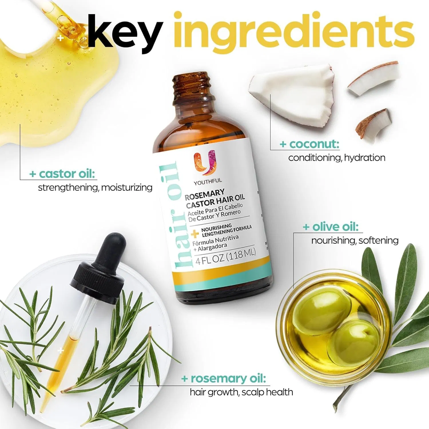 Organic Rosemary &amp; Castor Hair Growth Oil for Dry Itchy Scalp Thickening &amp; Hydration