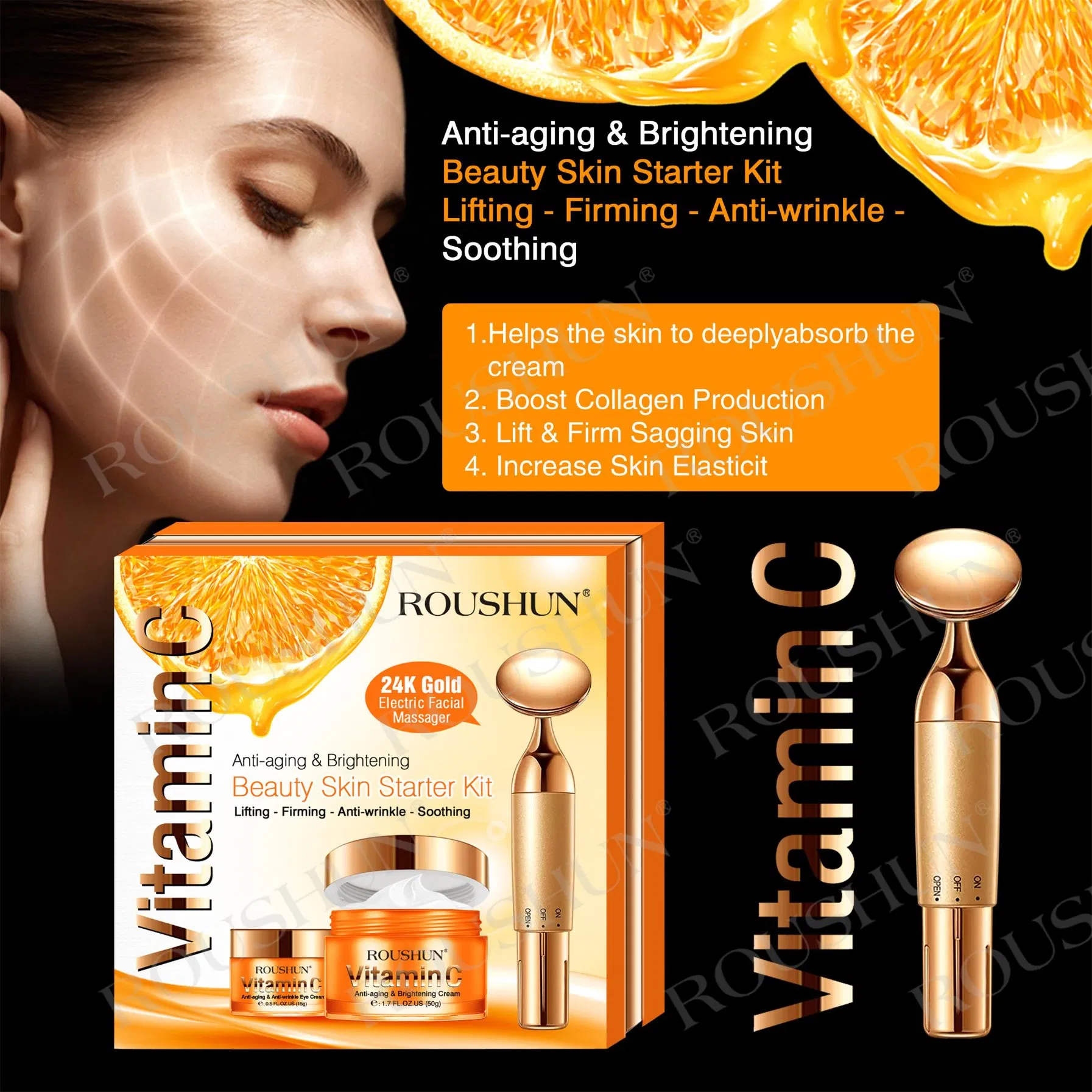 Roushun Private Label Acceptable Anti-Aging and Brightening Beauty Skin Care Kit Facial Care Set with Massager