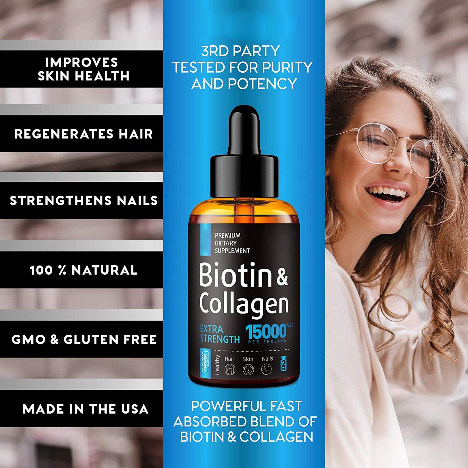 Customized Biotin Collagen Drops Hair Growth Oil Beauty Products Natural Skin Brightening Healthy Hair Strong Nails Adult