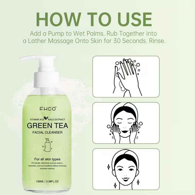 OEM Private Label Green Tea Facial Cleanser With Kale Extract Vitamin ACE Refreshing Hydrating Pore Purifying Face Wash
