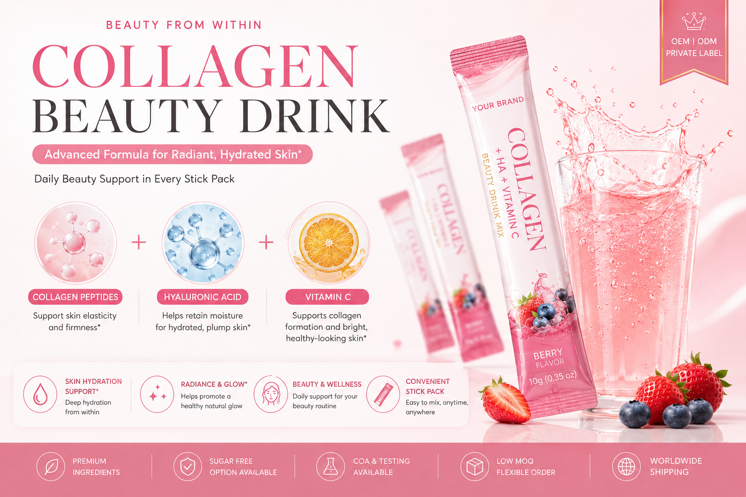Rainwood Private Label Collagen Beauty Sachets with HA Vitamin C Skin Hydration Support