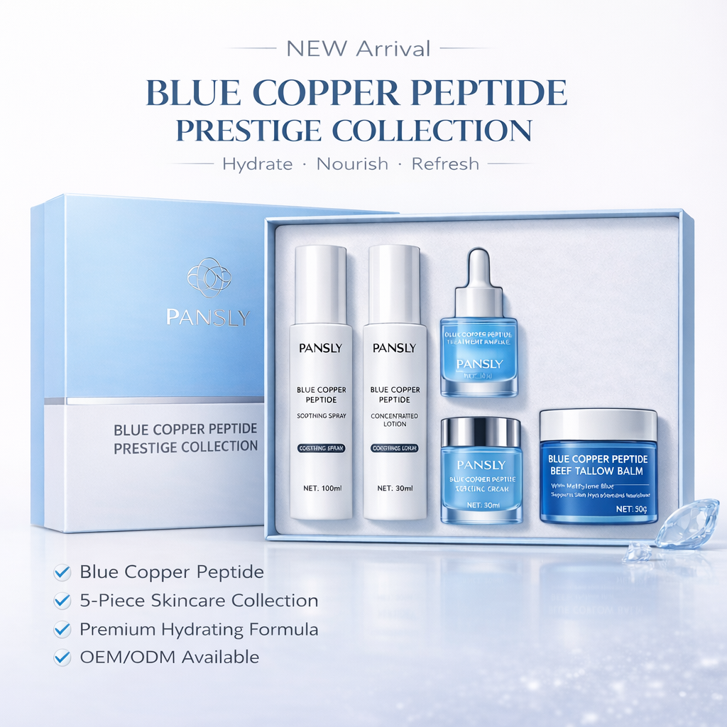 Private Label Blue Copper Peptide Skincare Set Hydrating Soothing Facial Care Kit With Spray Lotion Serum Cream And Balm