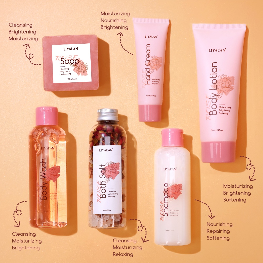 Private Label Luxury Rose Body Wash SPA Kit Skin Nourishing Hair Cleansing Shower Self Care Gift Bath Sets