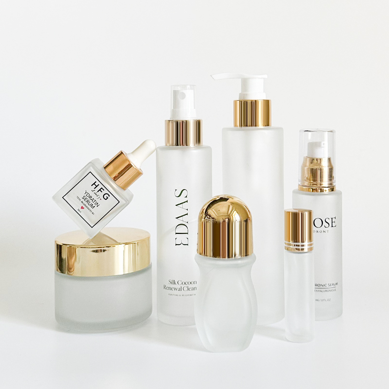 30ml 120ml Frosted Gold Top Glass Pump Lotion Spray Cream Roller Dropper Serum Bottle Container for Cosmetic Packaging