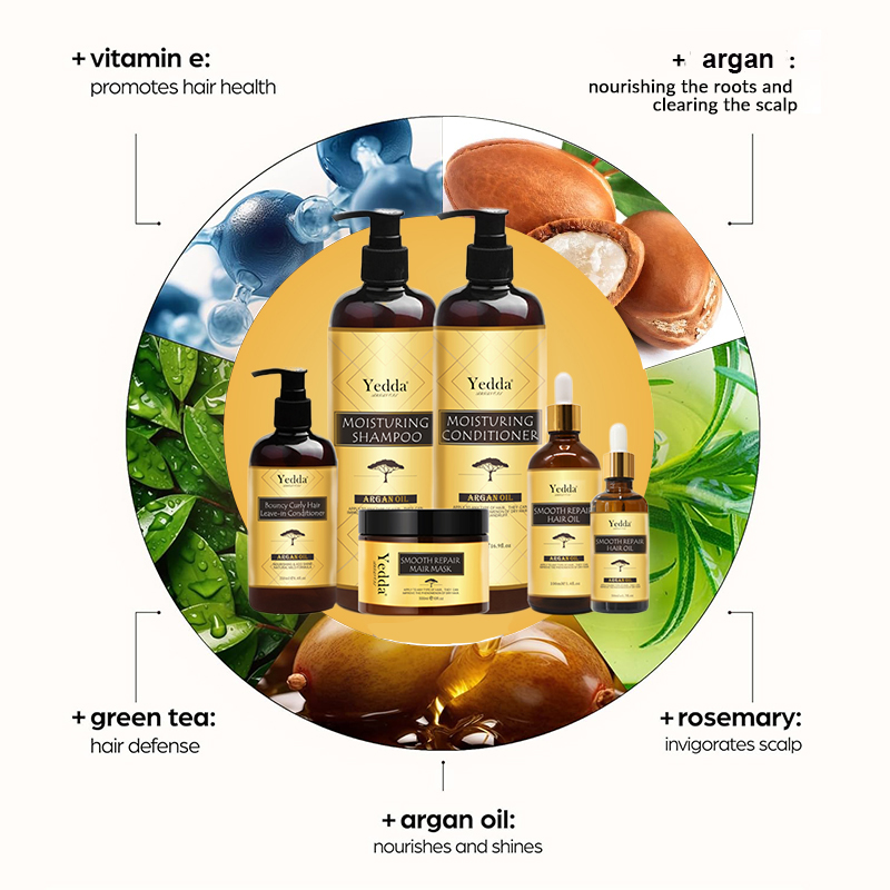 Private Label OEM/ODM Yedda Morocco Natural Organic Argan Oil Shampoo Conditioner And Hair Oil Serum Set