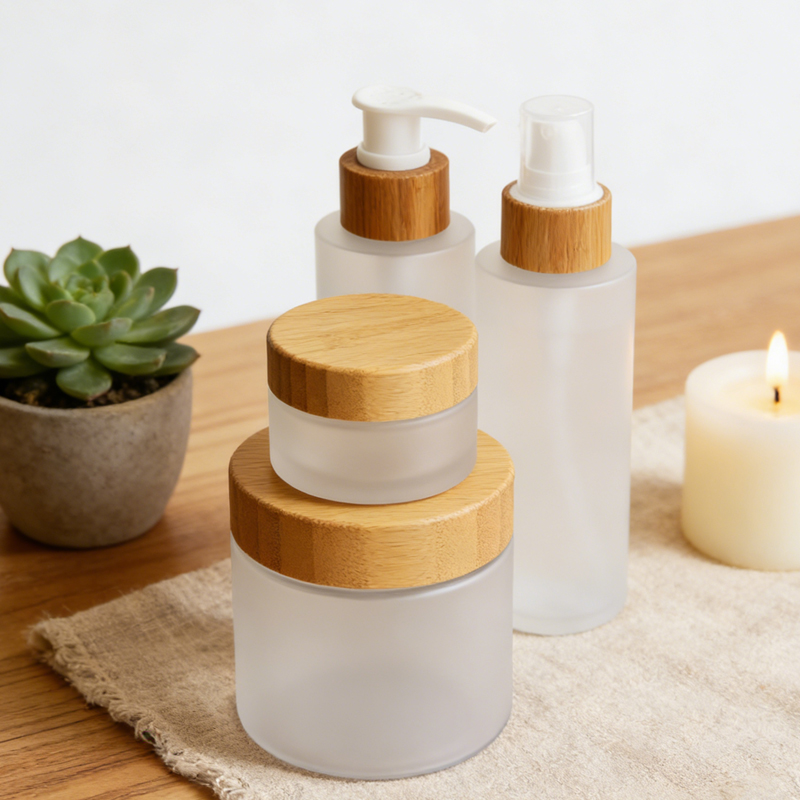 Custom Bamboo Lid Cosmetic Packaging Jars and Bottles 30ml 50ml 100ml Frosted Wooden Glass Jar With Engraved Logo With Paper Box