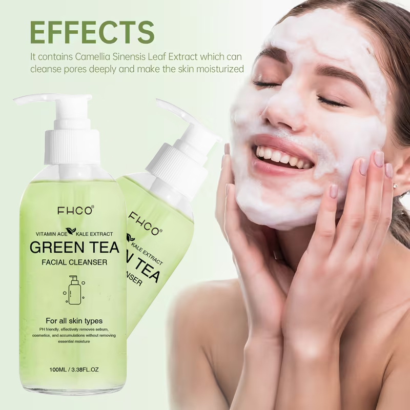 OEM Private Label Green Tea Facial Cleanser With Kale Extract Vitamin ACE Refreshing Hydrating Pore Purifying Face Wash