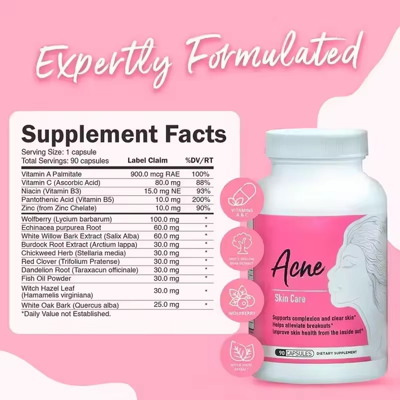 OEM Acne Skin Care Capsules, Herbal Formula with Vitamins Zinc for Clear Complexion, 90 Count Dietary Supplement
