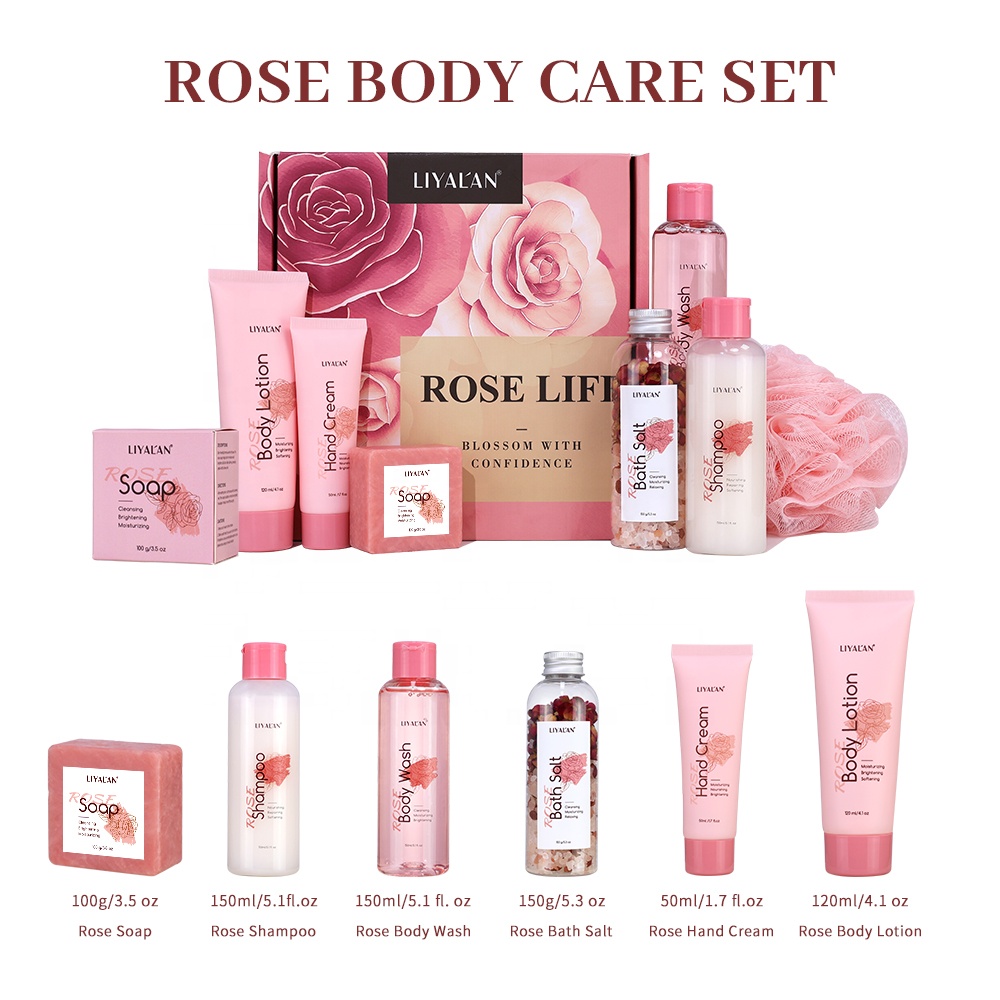 Private Label Luxury Rose Body Wash SPA Kit Skin Nourishing Hair Cleansing Shower Self Care Gift Bath Sets