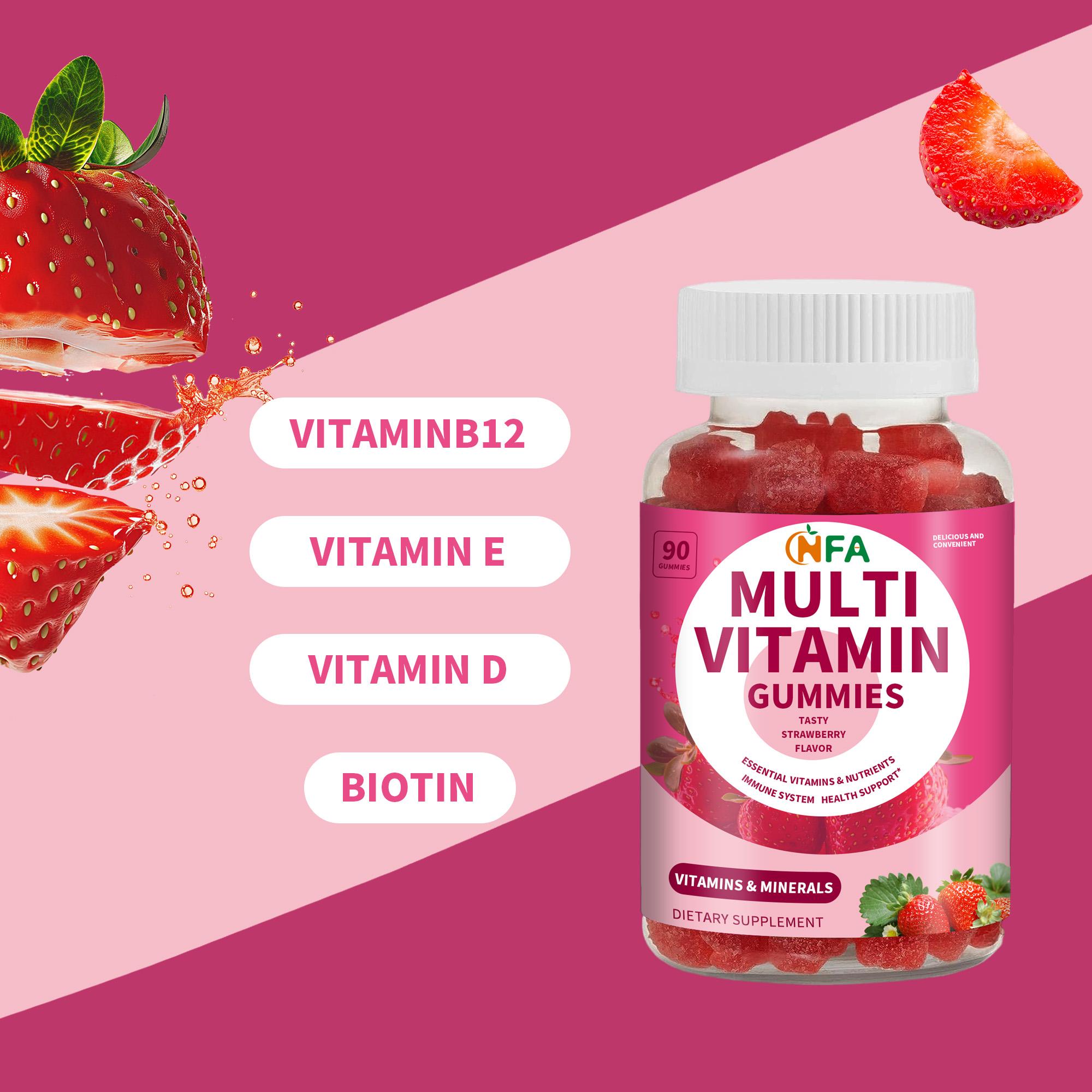 Factory Supply Sugar Free Strong Nails Halal Multivitamin Gummies for Adults 90 Gummies Natural Strawberry Flavor
