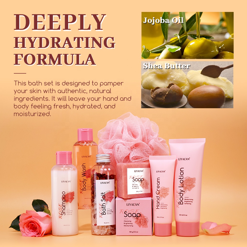Private Label Luxury Rose Body Wash SPA Kit Skin Nourishing Hair Cleansing Shower Self Care Gift Bath Sets