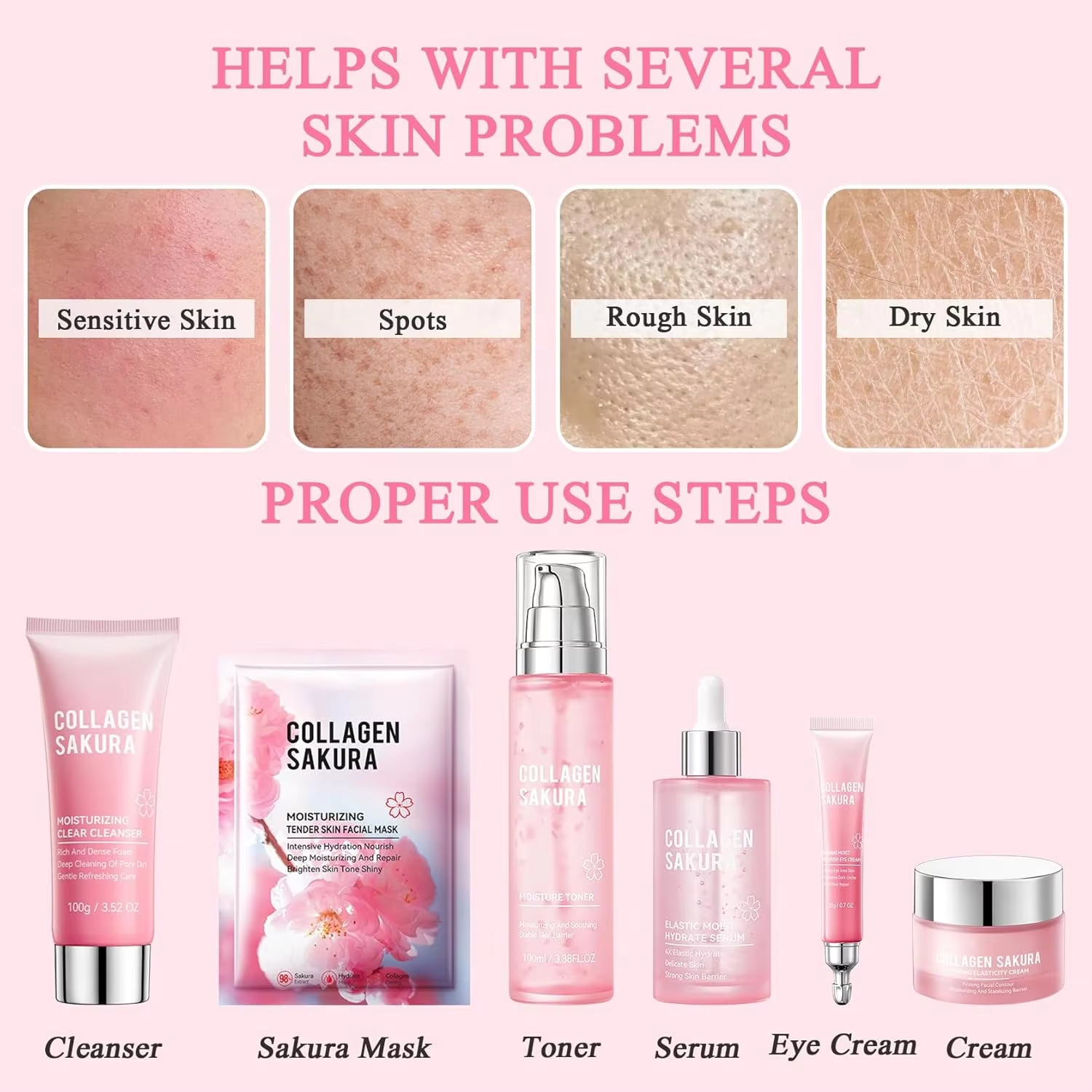 7 Pcs Sakura Skin Care Set Private Label Cherry Blossom Facial Kit Wholesale Brightening Face Care Gift Set For Women Girls