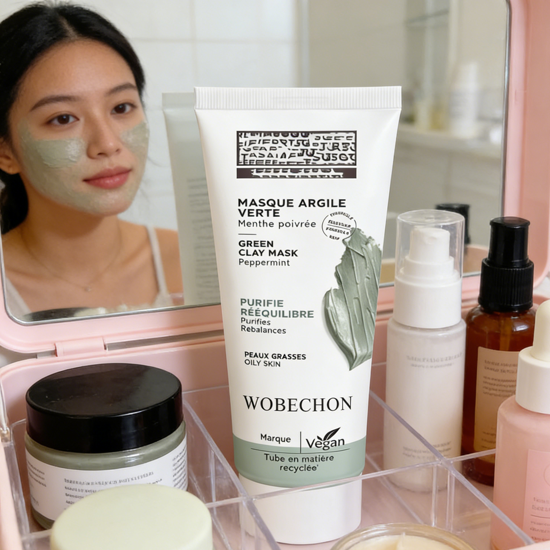 Organic Natural Vegan Green Clay Gel Mask Peppermint Oil Control Deep Cleansing Pore Minimizing Moisturizing Oily Acne Face