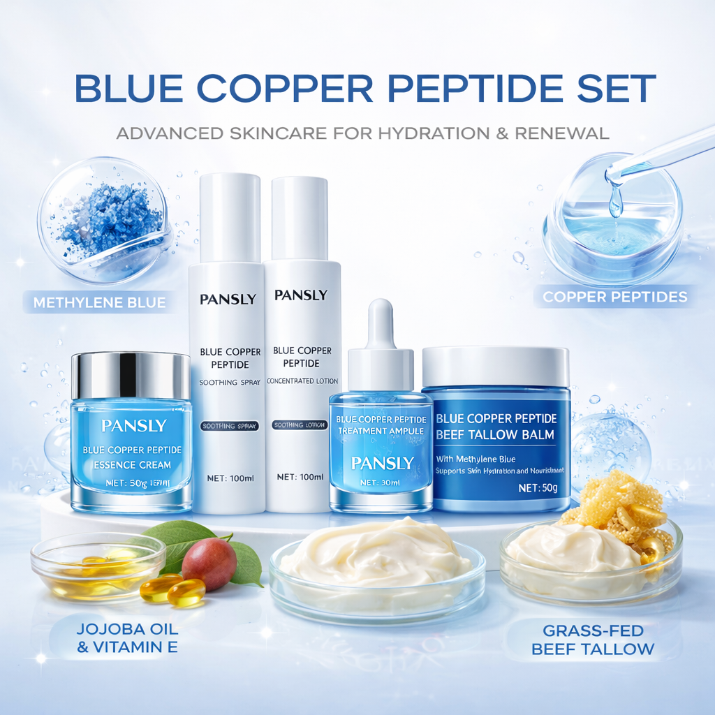 Private Label Blue Copper Peptide Skincare Set Hydrating Soothing Facial Care Kit With Spray Lotion Serum Cream And Balm