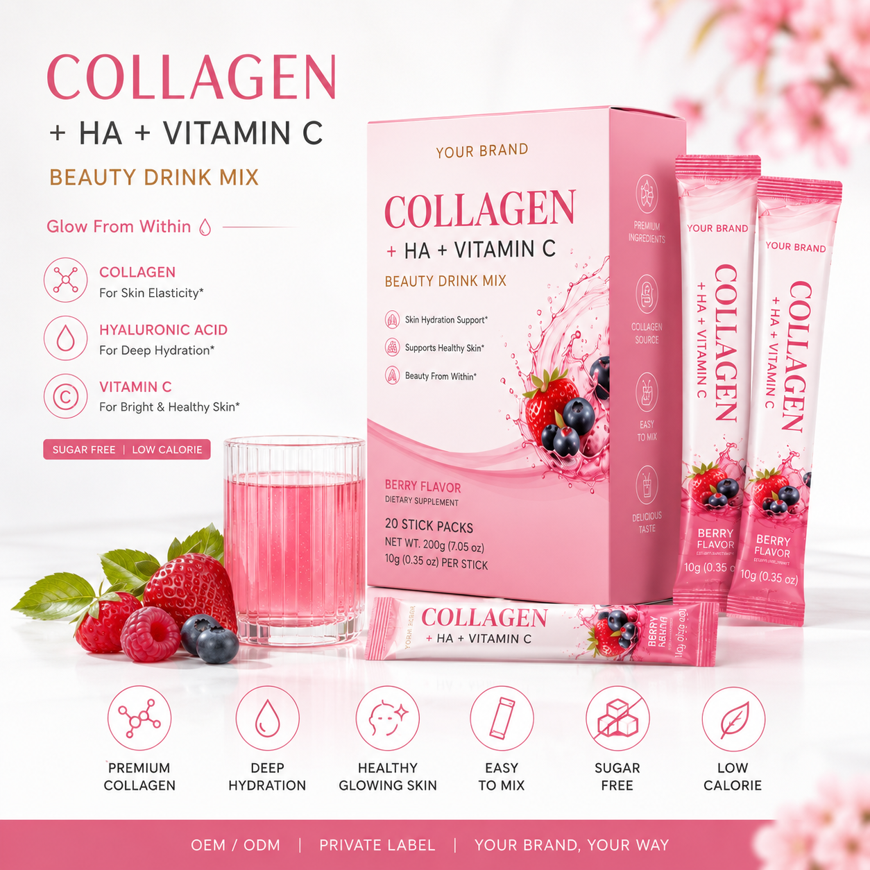 Rainwood Private Label Collagen Beauty Sachets with HA Vitamin C Skin Hydration Support