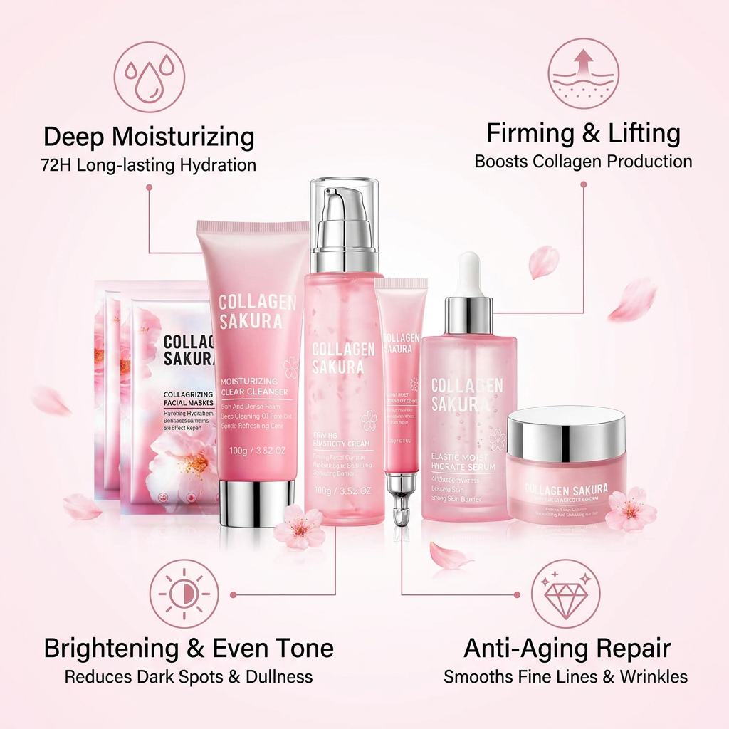 7 Pcs Sakura Skin Care Set Private Label Cherry Blossom Facial Kit Wholesale Brightening Face Care Gift Set For Women Girls
