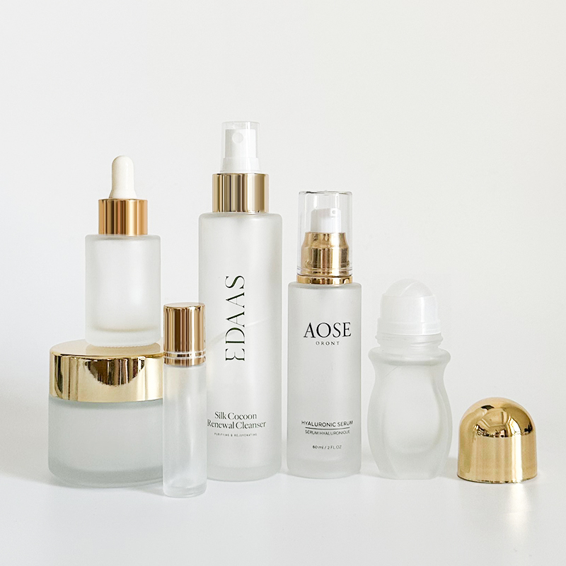 30ml 120ml Frosted Gold Top Glass Pump Lotion Spray Cream Roller Dropper Serum Bottle Container for Cosmetic Packaging