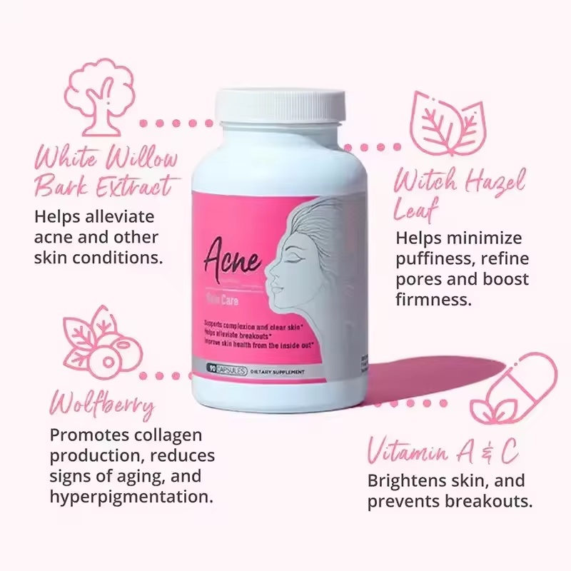 OEM Acne Skin Care Capsules, Herbal Formula with Vitamins Zinc for Clear Complexion, 90 Count Dietary Supplement