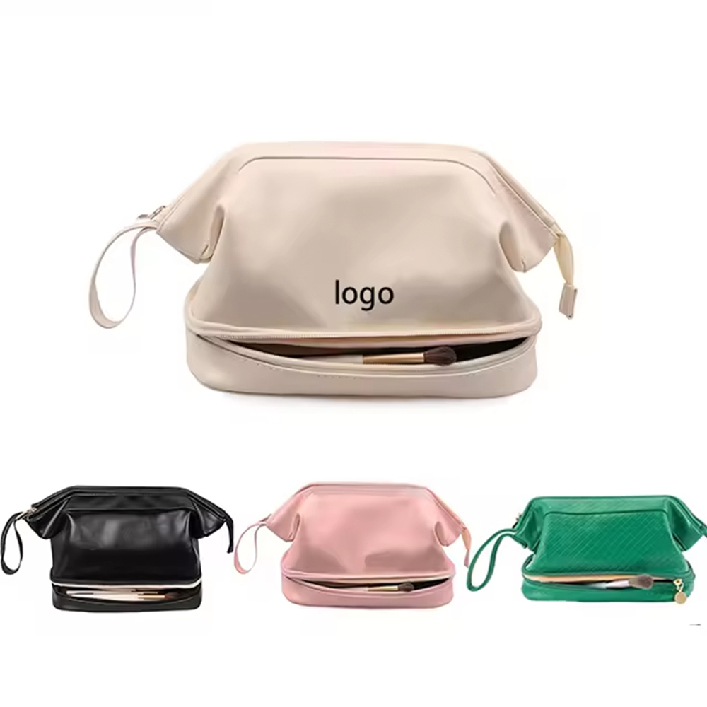 Custom Makeup Bag Leather Double Layer Large Cosmetic Organizer Bag Travel Accessories Toiletry Bag for Women Manufacturer