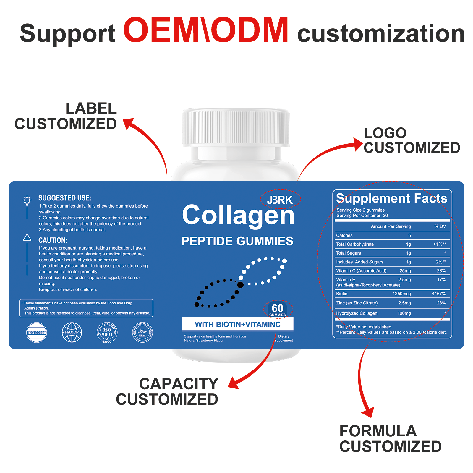 OEM ODM Private Label Halal Collagen Gummies Vegan Jionts Nail &amp; Skin and Hair Health Collagen Supplement Organic Gummy Bear