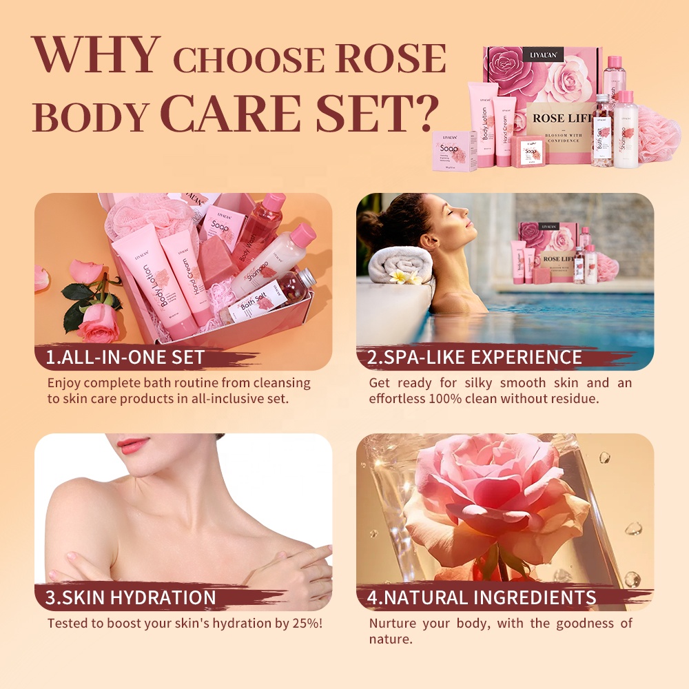 Private Label Luxury Rose Body Wash SPA Kit Skin Nourishing Hair Cleansing Shower Self Care Gift Bath Sets
