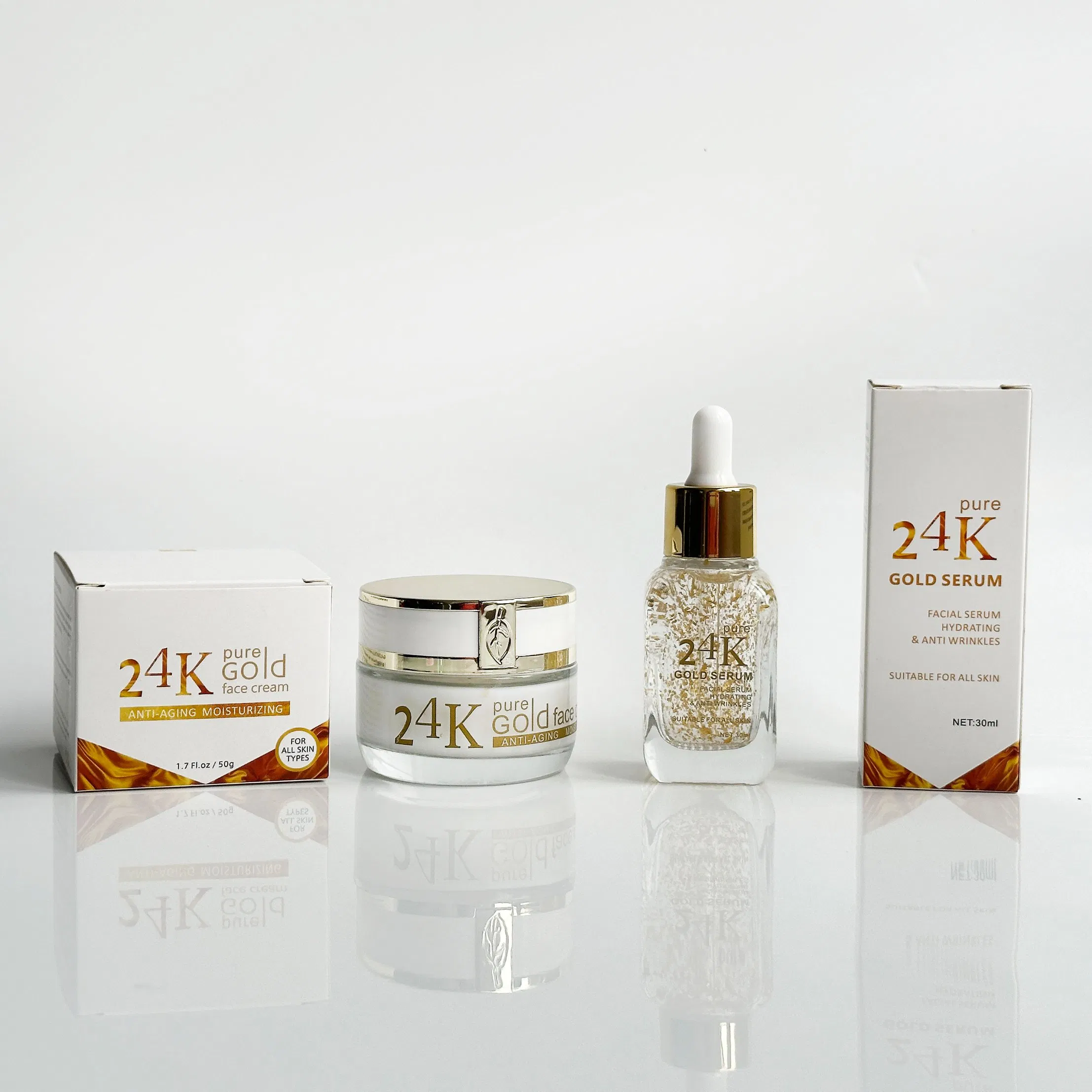 Private Label Organic Skin Care Brightening and Whitening 24K Gold Anti-Aging and Wrinkle Repair Moisturizing Cream Serum Skincare Set