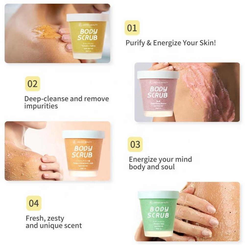 JMFREE Custom Private Label Natural Organic Vegan Turmeric Face Scrub Whitening Exfoliating Fruit Sugar Body Scrub