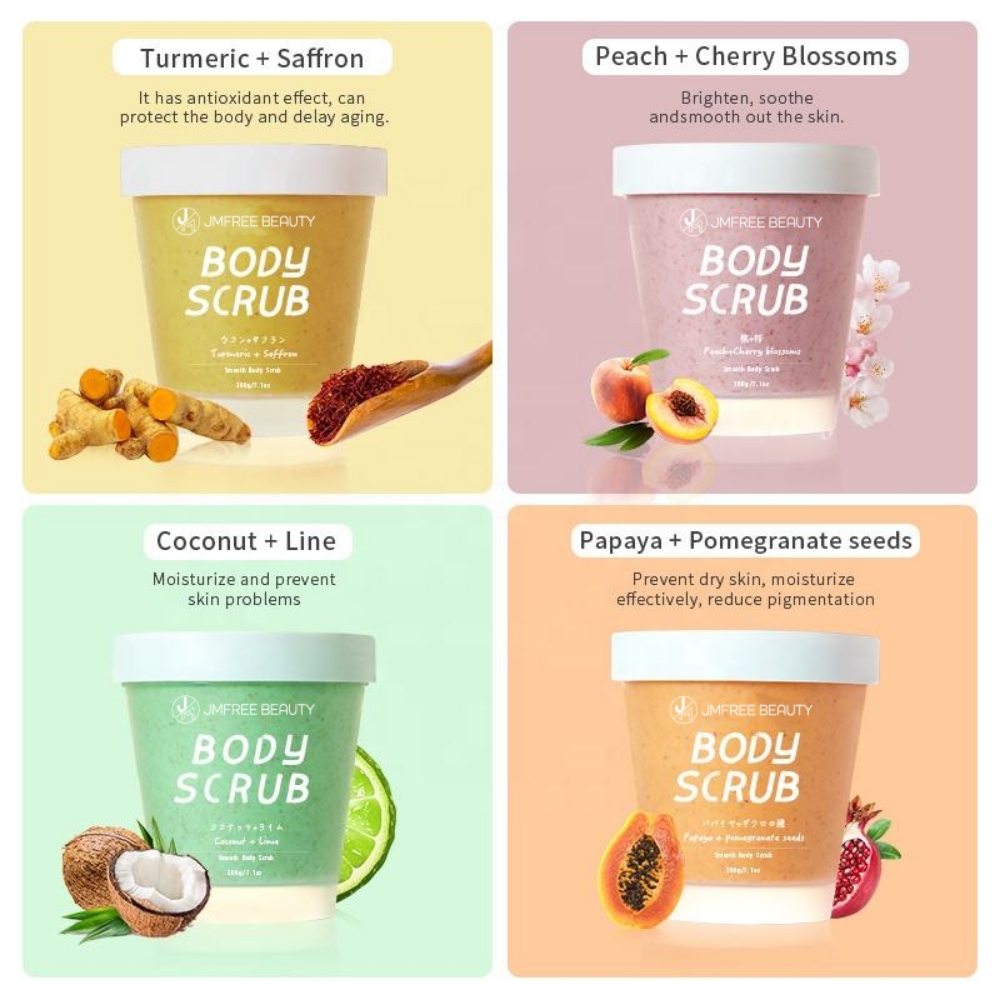 JMFREE Custom Private Label Natural Organic Vegan Turmeric Face Scrub Whitening Exfoliating Fruit Sugar Body Scrub